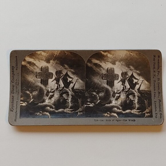 ANTIQUE Stereograph Card Keystone View Company - ROCK OF AGES THE WRECK - Picture 1 of 5